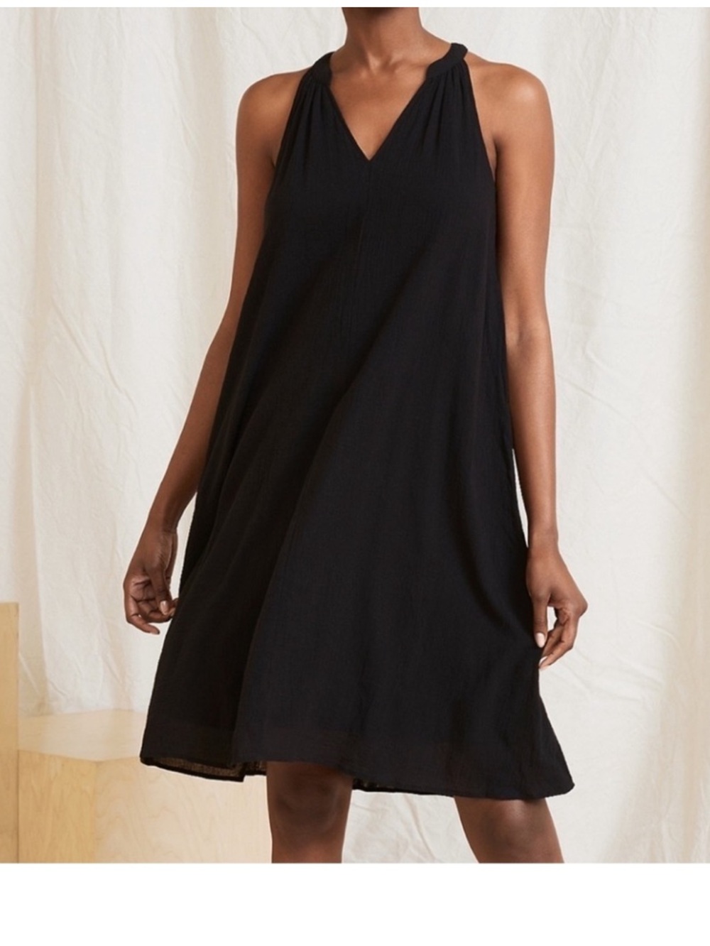 Garnet Hill Black Gauzy Cotton V-Neck Dress Lightweight Gauze Beachy
